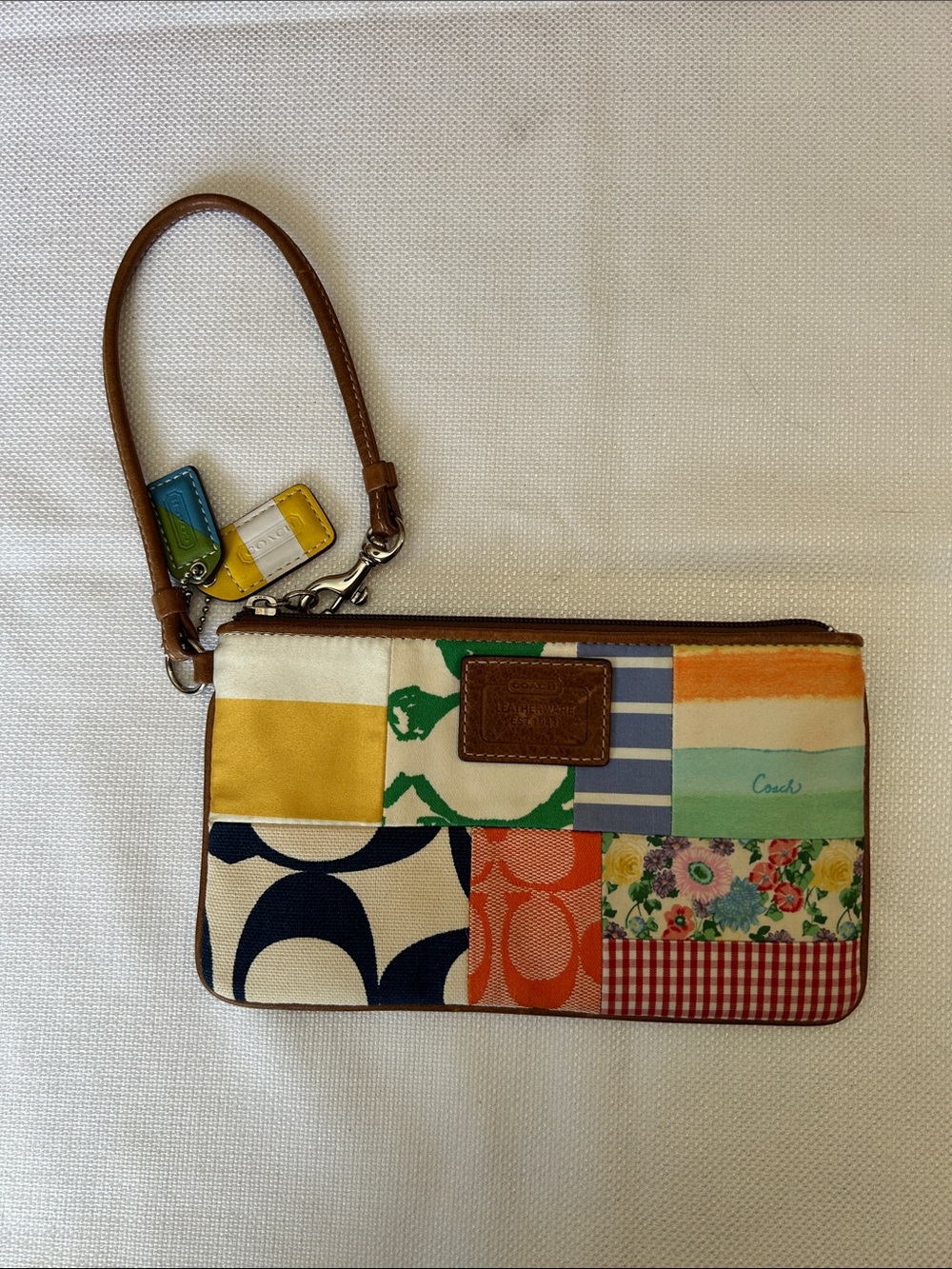 Coach Patchwork Wristlet Clutch - Multicolor Patchwork with Brown Trim